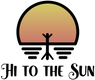 Hi To The Sun logo of stick figure with arms raised to the setting sun with reflection and shadows.